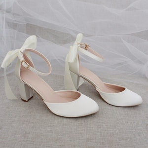 Women & Kids | Ivory Satin Block Heel with SATIN BACK BOW, Women Wedding Shoes, Bridesmaids Shoes, Bridal Shoes, Bridal Heels, Bride Pumps