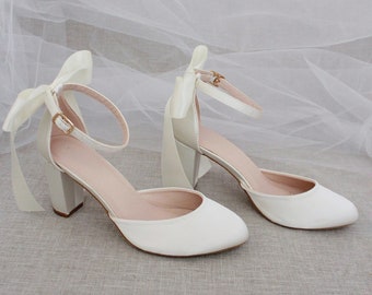 Women & Kids | Ivory Satin Block Heel with SATIN BACK BOW, Women Wedding Shoes, Bridesmaids Shoes, Bridal Shoes, Bridal Heels, Bride Pumps