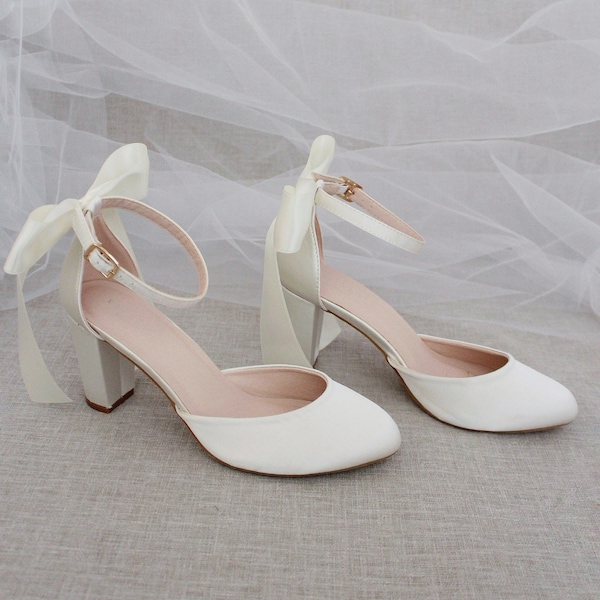 Women & Kids | Ivory Satin Block Heel with SATIN BACK BOW, Women Wedding Shoes, Bridesmaids Shoes, Bridal Shoes, Bridal Heels, Bride Pumps