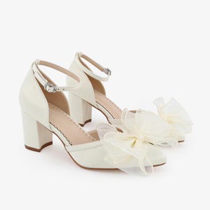 Ivory Satin Almond Toe Block Heel with Layered Organza Bow and Ankle Strap, Wedding Shoes, Bridesmaids Shoes, Evening Shoes, Holiday Shoes