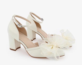 Ivory Satin Block Heel with Layered Organza Bow and Ankle Strap, Wedding Shoes, Bridesmaids Shoes, Evening Shoes, Holiday Shoes