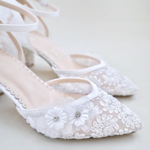 White & Ivory Crochet Lace Almond Toe Block Heel with Flower Applique - Women Wedding Shoes, Bridesmaids Shoes, Bridal Shoes, Block Heels