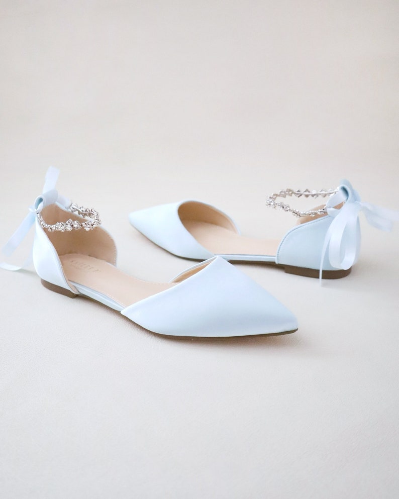 Light Blue Satin Pointy Toe Flats With Amaryllis Strap Women Etsy