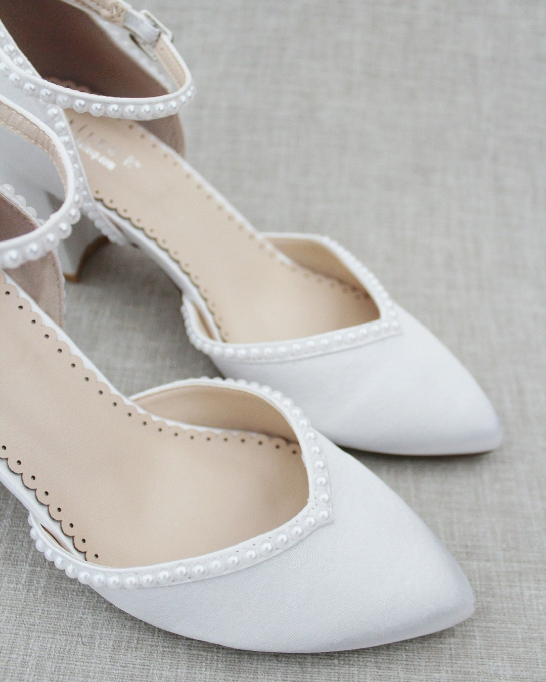 White & Ivory Satin Almond Toe Block Heels With MINI PEARLS Women ...