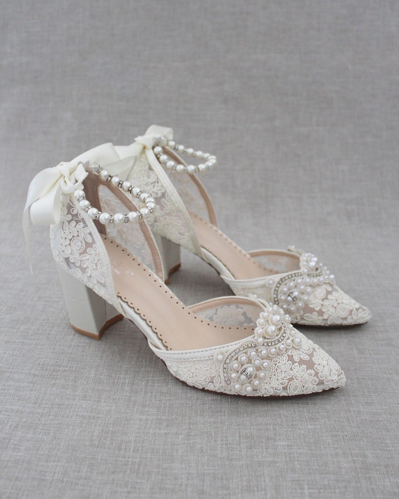 Ivory Crochet Lace Almond Toe Block Heel With Small Pearls - Etsy