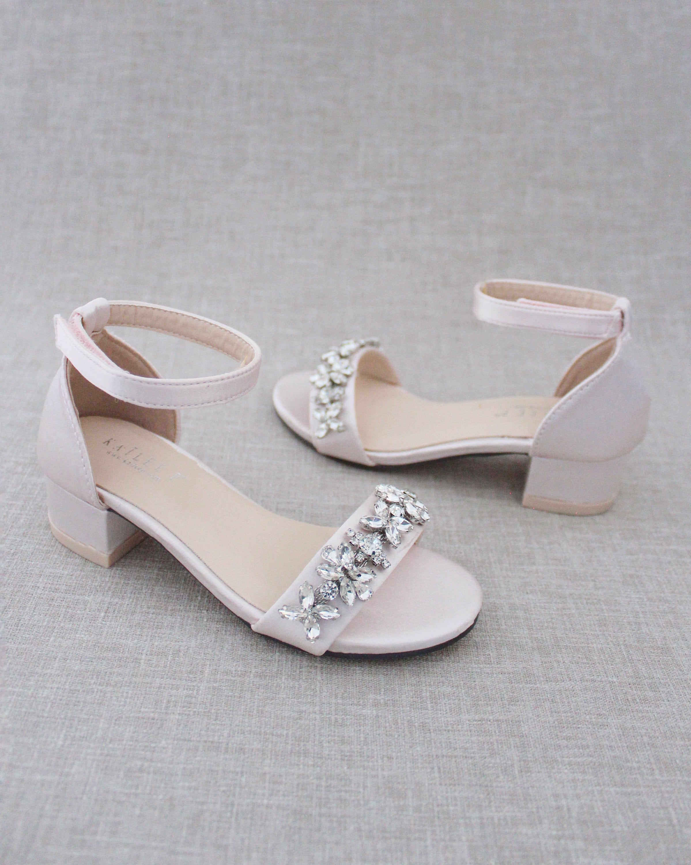 Soft Blush Satin Block Heel Sandals with FLORAL RHINESTONES on Upper Strap Girls Shoes Jr.Bridesmaid Shoes Wedding Sandals Mini and Me