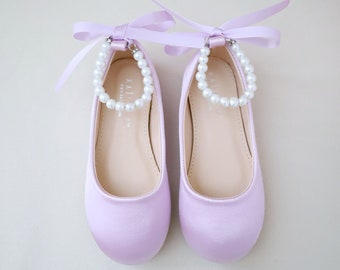 Lavender Satin Flats with with Pearls Ankle Strap - Fall flower girls shoes, Holiday Shoes, Birthday Shoes, Toddler Flats