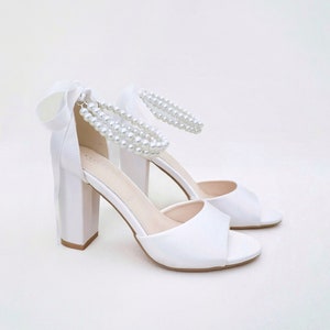 White & Ivory Satin Block Heel Wedding Sandals with Double Pearl Ankle Strap - Women Wedding Shoes, Bridal Shoes, Wedding Heels