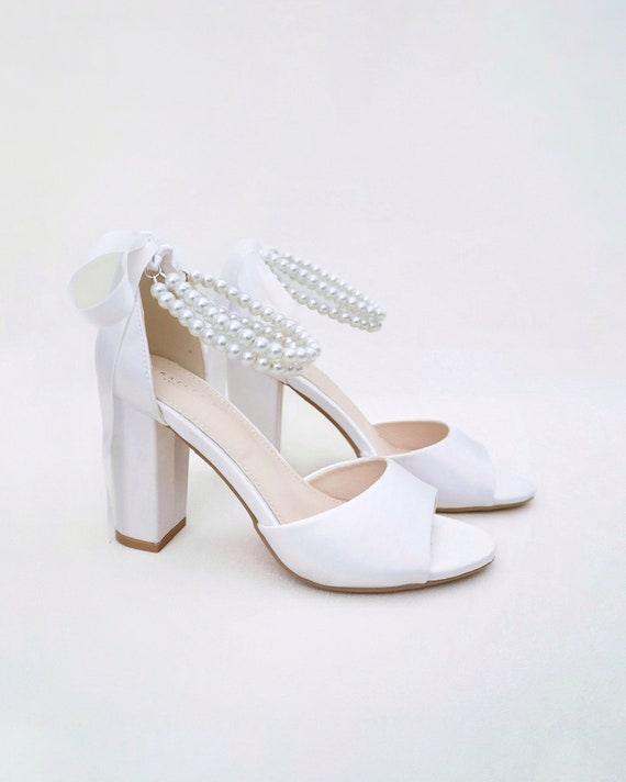 Pearl Bridal Wedding Sandals - Low Block Heel Open Toe Shoes For Bride & Bridal Party