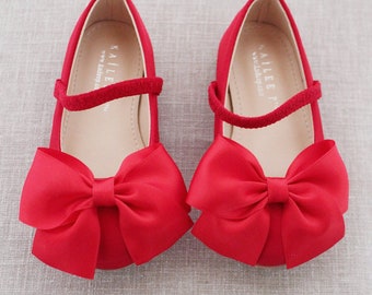Red Satin Mary Jane with FRONT SATIN BOW for Fall Flower Girls Shoes, Birthday Shoes, Holiday Kids Shoes, Formal Shoes