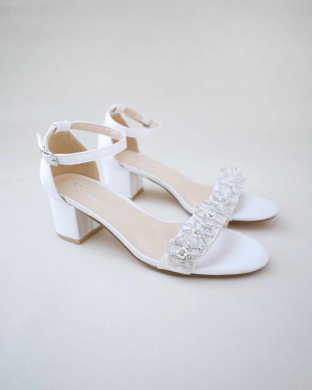 satin white block heels