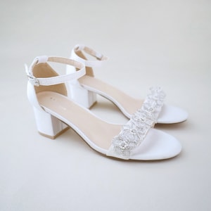 White Satin Block Heel Sandal with Rhinestones Chassia Flower, Women Sandals, Bridesmaid Shoes, Wedding Shoes