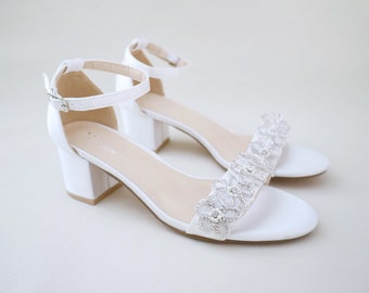 White Satin Block Heel Sandal with Rhinestones Chassia Flower, Women Sandals, Bridesmaid Shoes, Wedding Shoes