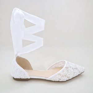 White Crochet Lace Pointy Toe Flats Women Wedding Shoes, Bridesmaid Shoes, Bridal Flats, Wedding Flats, Bridal Lace Shoes, Bride Shoes SATIN LACE UP