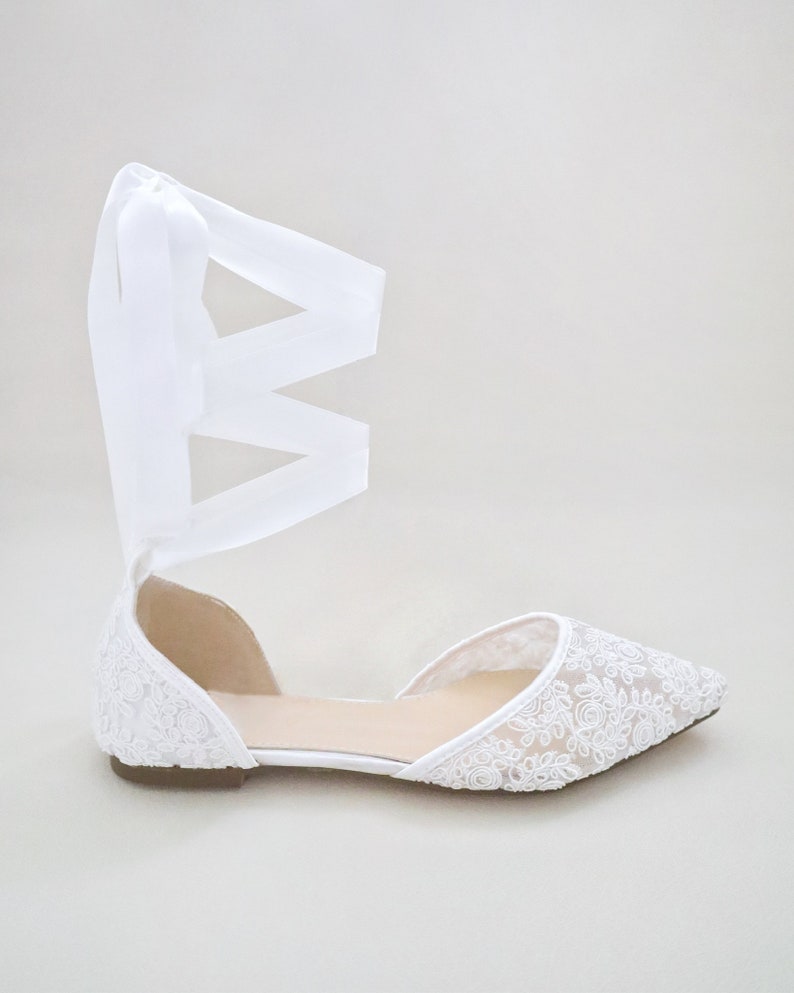 White Crochet Lace Pointy Toe Flats Women Wedding Shoes, Bridesmaid Shoes, Bridal Flats, Wedding Flats, Bridal Lace Shoes, Bride Shoes SATIN LACE UP
