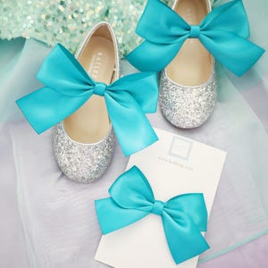 May include: A pair of silver glitter shoes with turquoise satin bows. A matching turquoise satin bow is also included. The shoes have the text "Kailer" on the side. The text "www.kailerp.com" is on a white card.