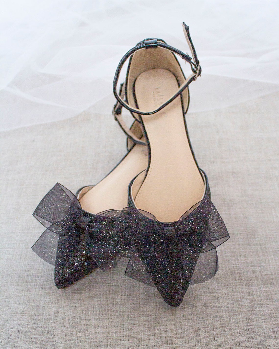 Black Rock Glitter Pointy Toe Flats with Ankle Strap & Organza Bow