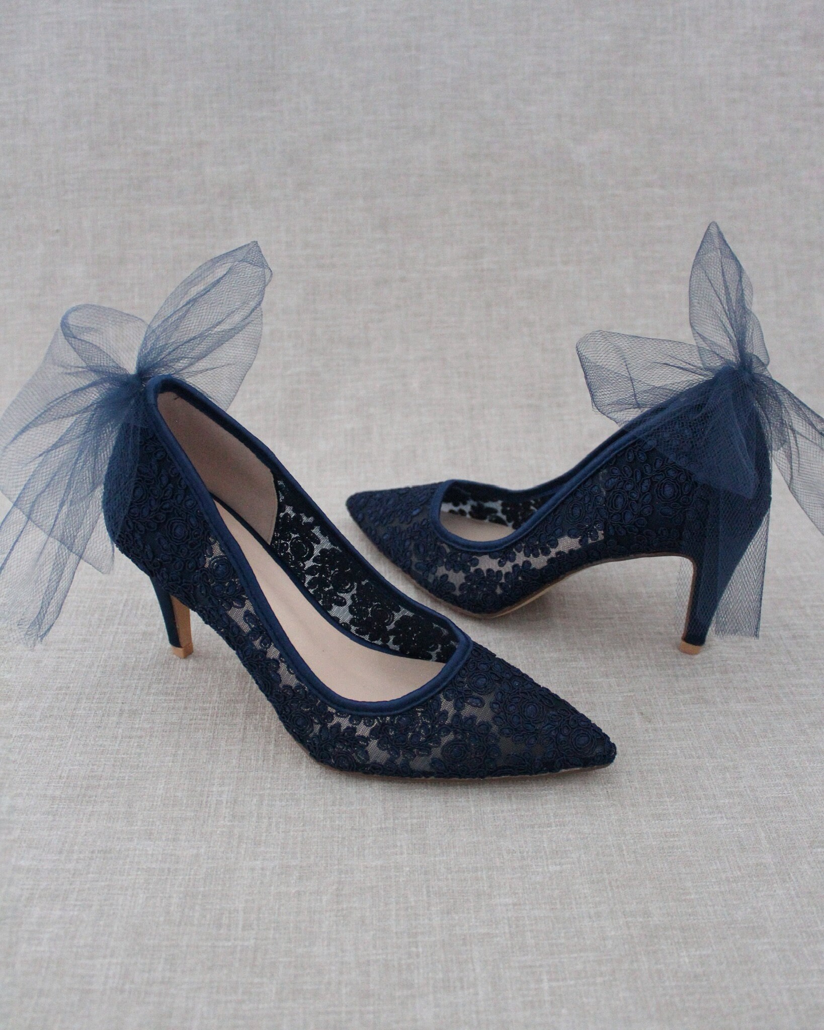 Light Blue & Navy Crochet Lace Pointy Toe PUMPS With Back 