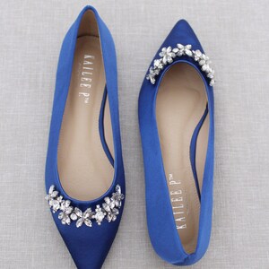 Royal Blue Satin Pointy Toe Slip on Flats With FLORAL - Etsy