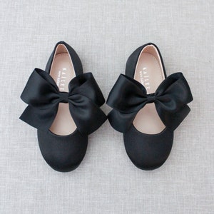 Black Satin Maryjane Shoes with Satin Bow, Fall Flower Girl Shoes, Girls Shoes, Holiday Shoes, Birthday Shoes, Halloween Shoes