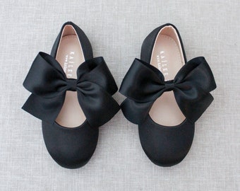 Black Satin Maryjane Shoes with Satin Bow, Fall Flower Girl Shoes, Girls Shoes, Holiday Shoes, Birthday Shoes, Halloween Shoes