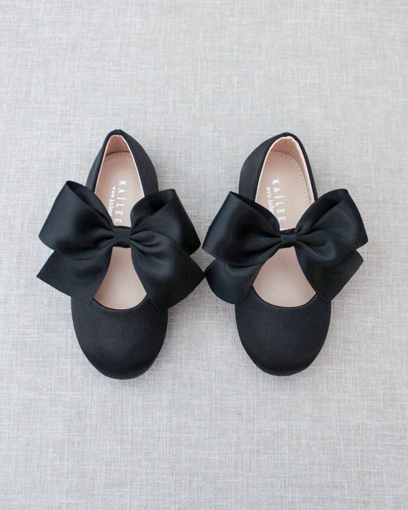 Black Satin Maryjane Shoes with Satin Bow, Fall Flower Girl Shoes, Girls Shoes, Holiday Shoes, Birthday Shoes, Halloween Shoes image 1