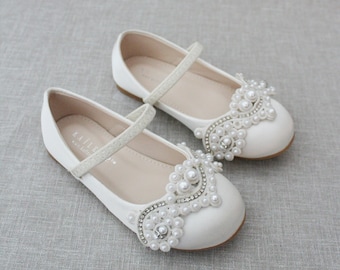 Ivory Satin Maryjane Flats with Small Pearls Applique for Flower Girls, Christening and Baptism Shoes