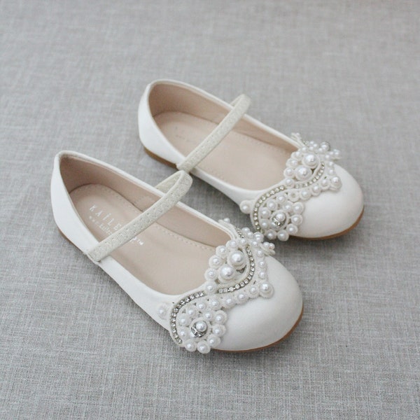 Ivory Satin Maryjane Flats with Small Pearls Applique for Flower Girls, Christening and Baptism Shoes