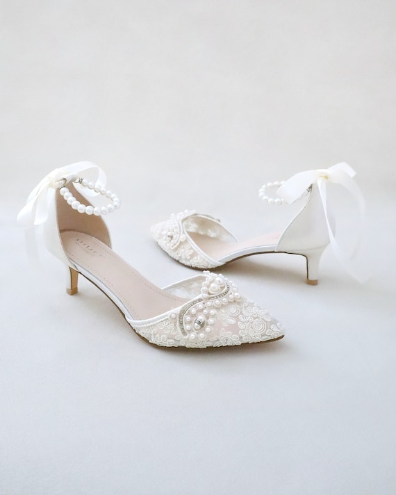 Ivory Crochet Lace Pointy Toe Wedding Low Heels with Small Pearls Applique,  Bridal Shoes, Bridal Low Heels, Kitten Heel, Pearl Wedding Shoes