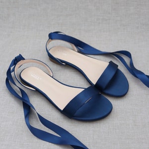 Navy Satin Flat Sandal with Ballerina Lace Up, Bridesmaid Shoes, Women Sandals, Something Blue, Holiday Shoes, Fall Wedding Sandals