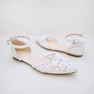 White Crochet Lace Pointy toe flats with MINI PEARLS, Women Wedding Shoes, Bridal Flats, Bride Shoes, Lace Flats image 4