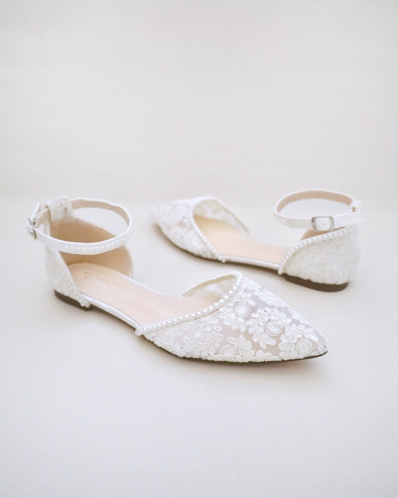 White Crochet Lace Pointy toe flats with MINI PEARLS, Women Wedding Shoes, Bridal Flats, Bride Shoes, Lace Flats image 4