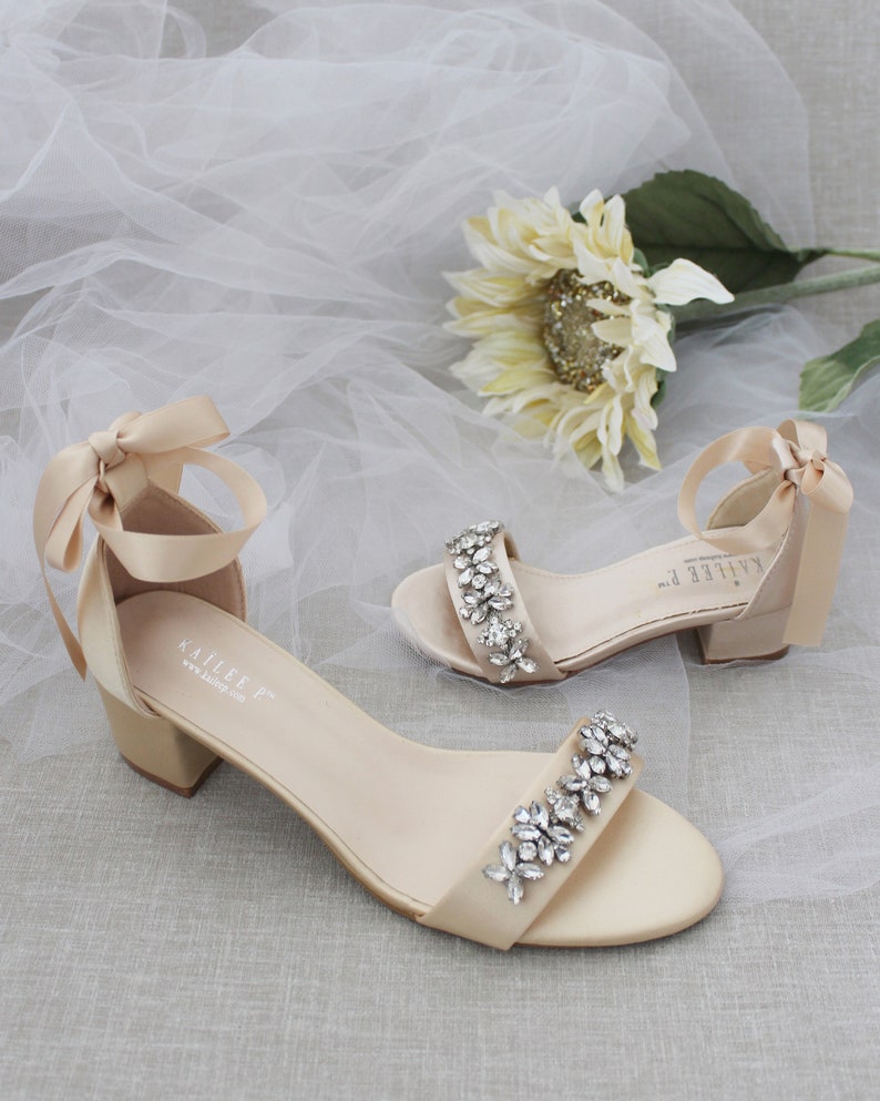 champagne satin block heels