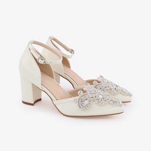 Ivory Satin Almond Toe Block Heel with Rhinestones Applique - Women Wedding Shoes, Bridesmaids Shoes, Bridal Shoes, Block Heels, Bride Heels