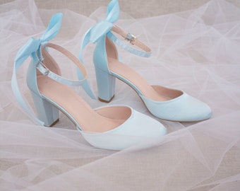 Light Blue Satin Block Heel with SATIN BACK BOW, Women Wedding Shoes, Bridesmaids Shoes, Bridal Shoes, Bridal Heels, Bride Pumps