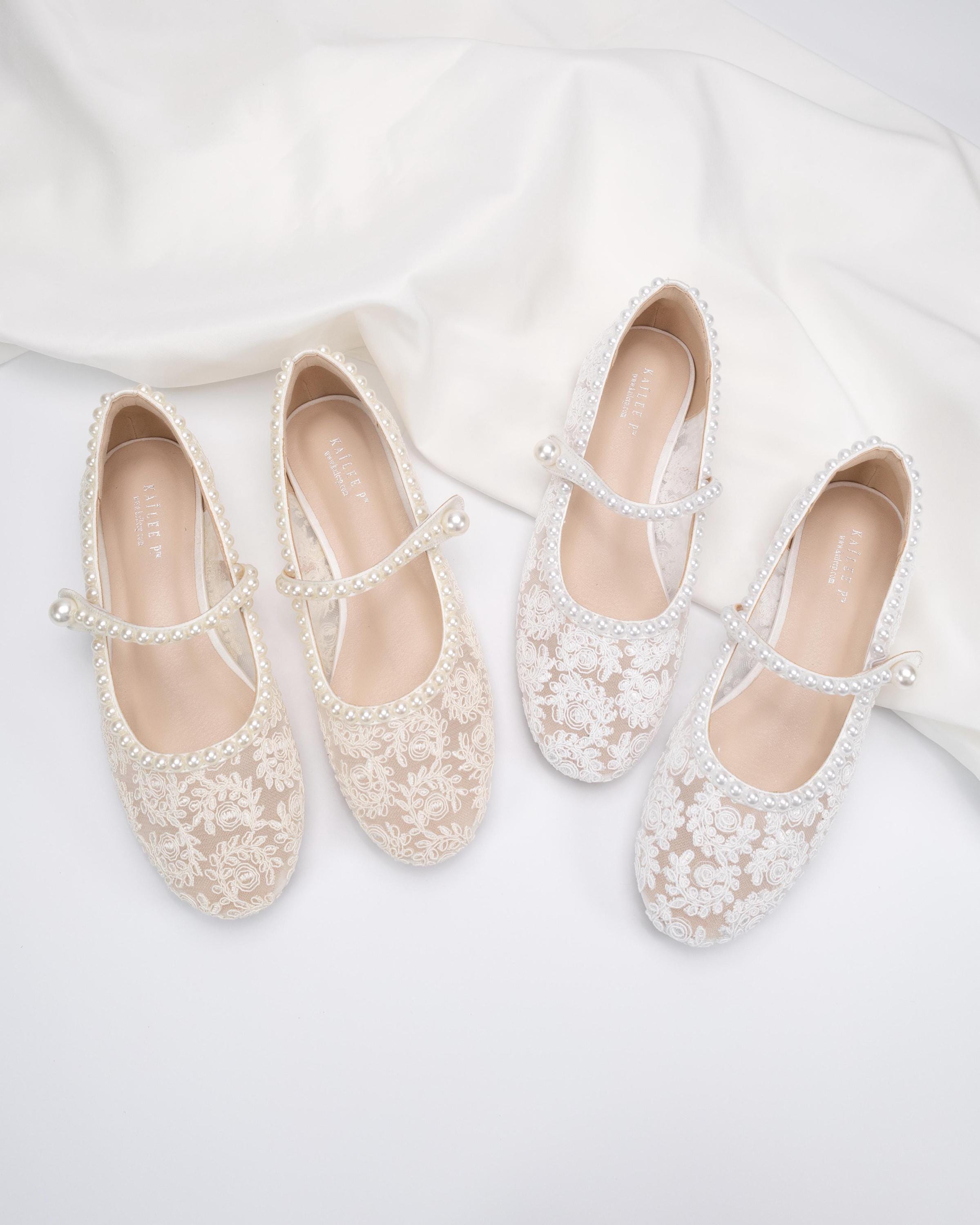 White & Ivory Crochet Lace Mary Jane Wedding Flats With Pearls