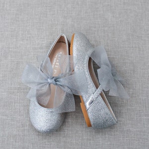Silver Fine Glitter Mary-jane With Glitter Silver CHIFFON BOW for ...