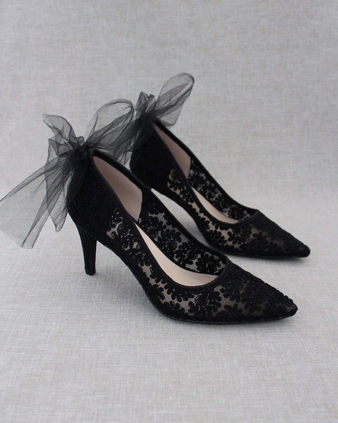 Black Crochet Lace Pointy toe PUMPS with Back TULLE Bow image 1