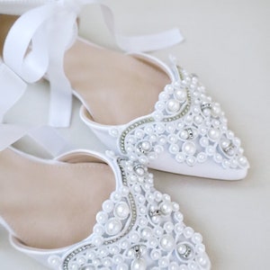 White Satin Pointy Toe Flats With OVERSIZED PEARLS APPLIQUE, Women ...