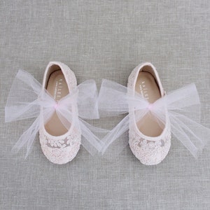 Dusty Pink Crochet Lace Maryjane Flats with Tulle Bow - flower girls shoes, birthday shoes, lace shoes, Ballet Flats, Blush Pink Shoes