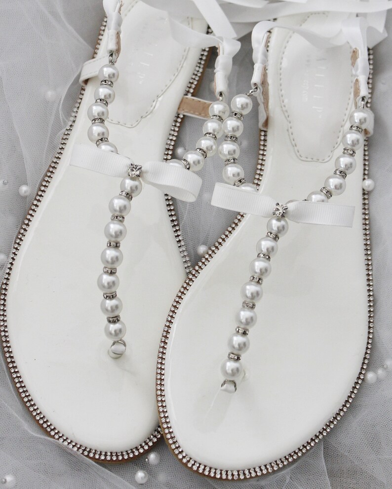 Women and Kids Pearl Wedding Flat Sandals off White T-strap - Etsy