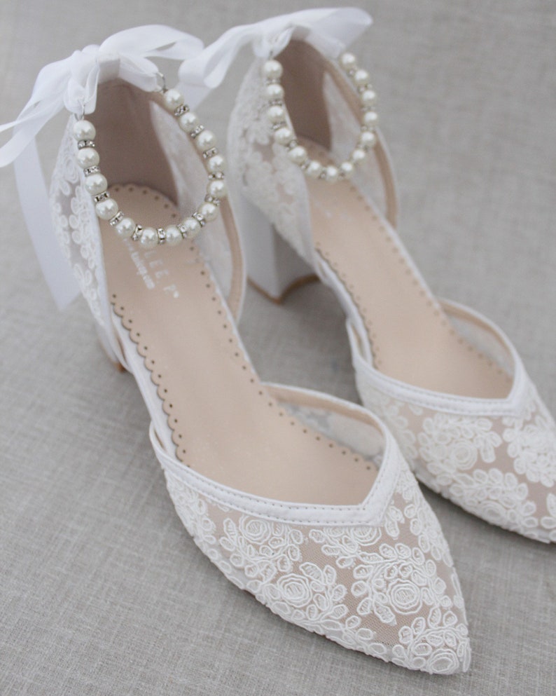 White Crochet Lace Almond Toe Block Heel With Pearl Ankle - Etsy