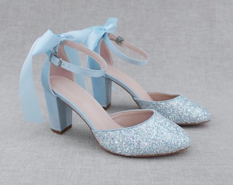 Light Blue Rock Glitter Block Heel with SATIN BACK BOW, Women Wedding Shoes, Bridesmaids Shoes, Bride Pumps, Holiday Shoes, Something Blue