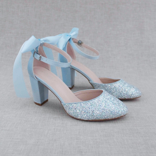 Light Blue Rock Glitter Block Heel with SATIN BACK BOW, Women Wedding Shoes, Bridesmaids Shoes, Bride Pumps, Holiday Shoes, Something Blue