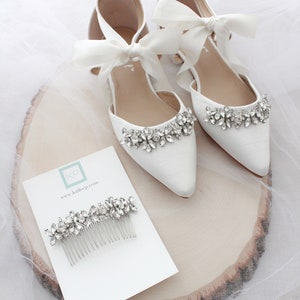 Ivory Satin Pointy Toe flats with FLORAL RHINESTONES and Satin Tie, Women Wedding Shoes, Bridal Flats, Bridal Shoes, Bride Shoes image 7