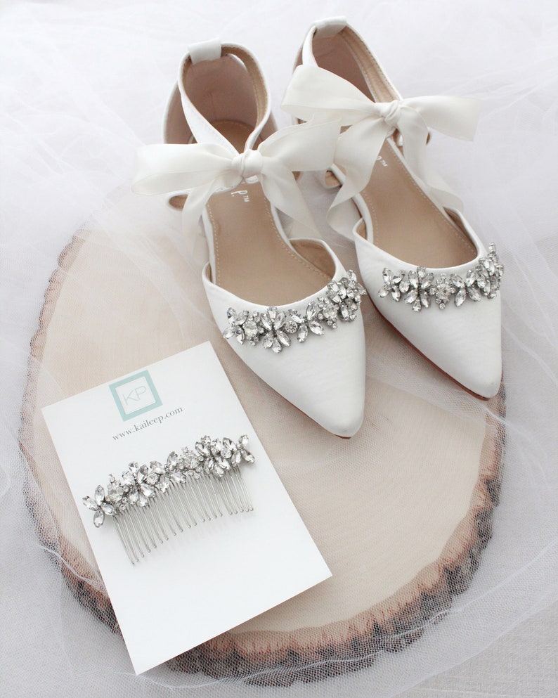 Ivory Satin Pointy Toe flats with FLORAL RHINESTONES and Satin Tie, Women Wedding Shoes, Bridal Flats, Bridal Shoes, Bride Shoes image 7