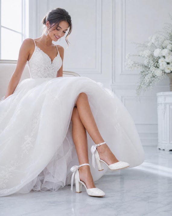 white dress and silver shoes Bride In White Wedding Dress Putting On Silver Shoes Stock Photo - Download  Image Now
