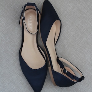 Navy Blue Satin Pointy Toe Flats With Satin ANKLE TIE or BALLERINA Lace ...