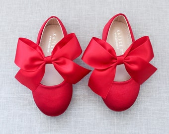 RED Satin Maryjane with RED SATIN Bow - Holiday Shoes, Flower Girls Shoes, Toddler Shoes, Red ballet shoes, Fall Girls Shoes