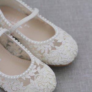 Marfil Crochet Lace Mary Jane Flats con MINI PERLAS, Para niñas de flores, zapatos de bautismo, zapatos de bautizo, zapatos de bebé imagen 5